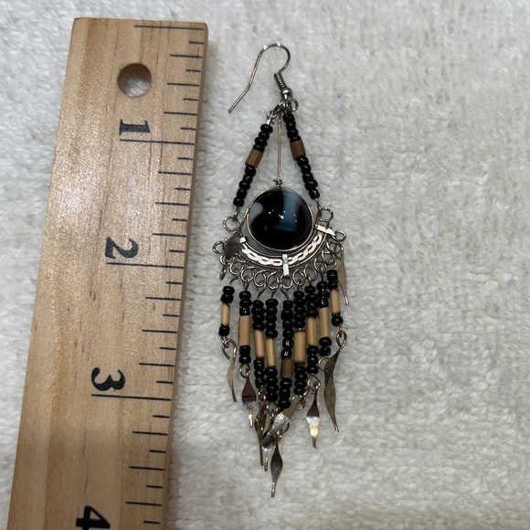 NWOT Italian Murano Glass Bead Drop Earrings Black and Tan - Picture 2 of 2